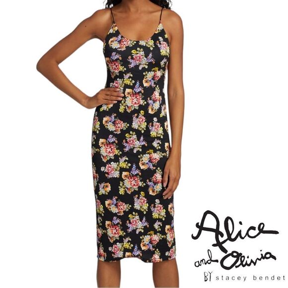 ALICE + OLIVIA *NWT* Delora Spaghetti Strap Fitted MIDI Dress in Magnolia Floral - Picture 3 of 12